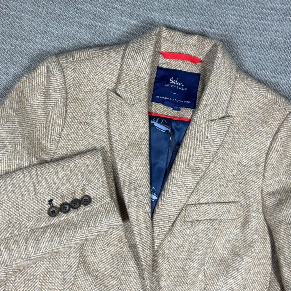 Boden British Tweed Wool Blazer Tan Herringbone Abraham Moon London Lining US 8R - Picture 10 of 13
